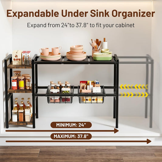Housolution Expandable Under Sink Cabinet Organizer Rack and Storage Shelf | 24"-37.8" Expandable Length, 3-Tier Side Wooden Shelves, Height Adjustable for Kitchen Bathroom