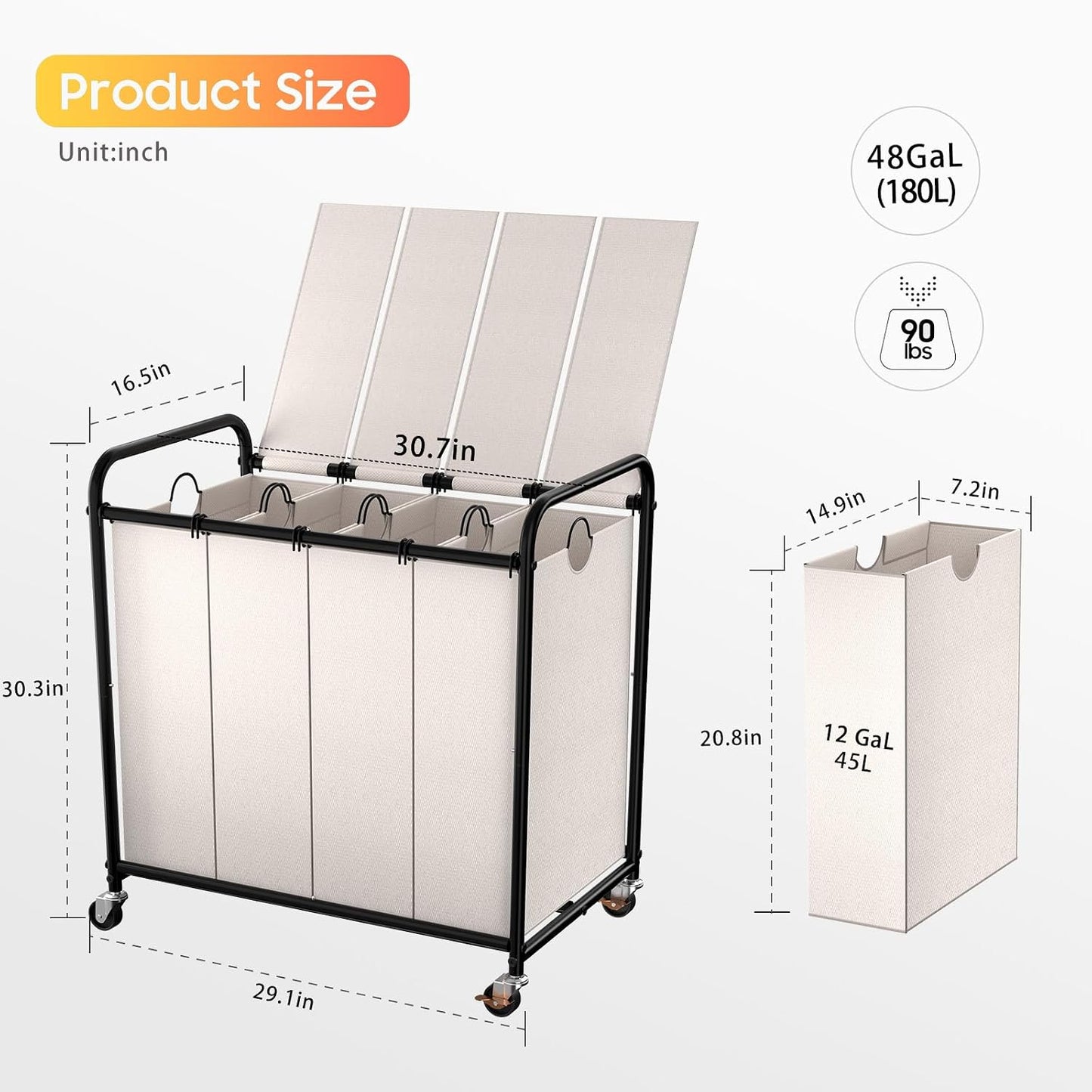180L (47.55 Gal) Laundry Sorter 3 Section, Rolling Laundry Basket with Lockable Wheels and Lid, Laundry Hamper with 3 Separated Removable Bags Dirty Clothes Hamper for Laundry Room Organizer, Black