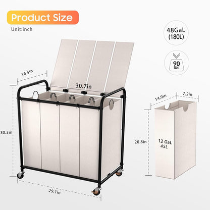 180L (47.55 Gal) Laundry Sorter 3 Section, Rolling Laundry Basket with Lockable Wheels and Lid, Laundry Hamper with 3 Separated Removable Bags Dirty Clothes Hamper for Laundry Room Organizer, Black