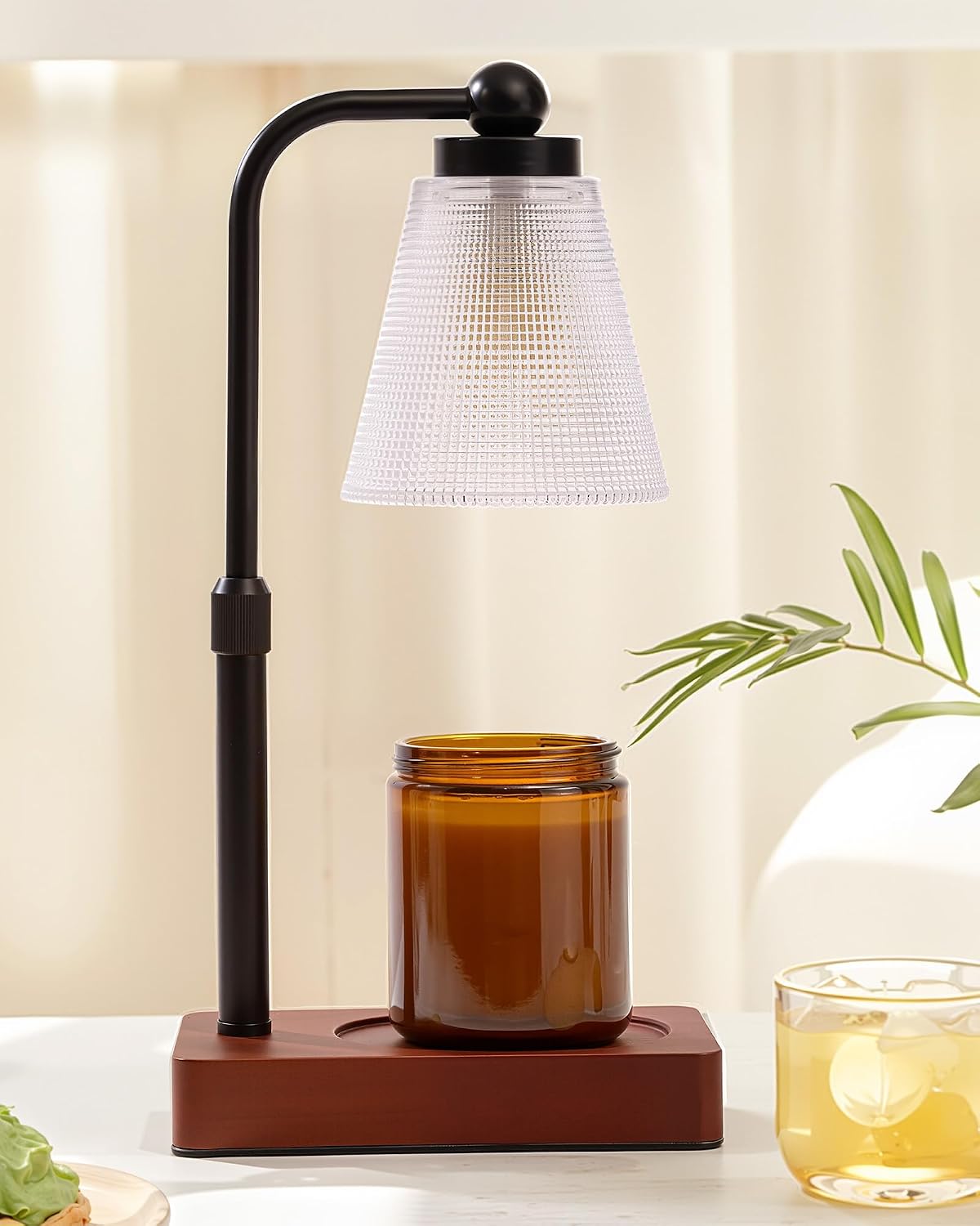 Candle Warmer Lamp with Timer - Adjustable Height & Brightness - Wood Base Glass Shade - 2 Bulbs Included(Square Gold)