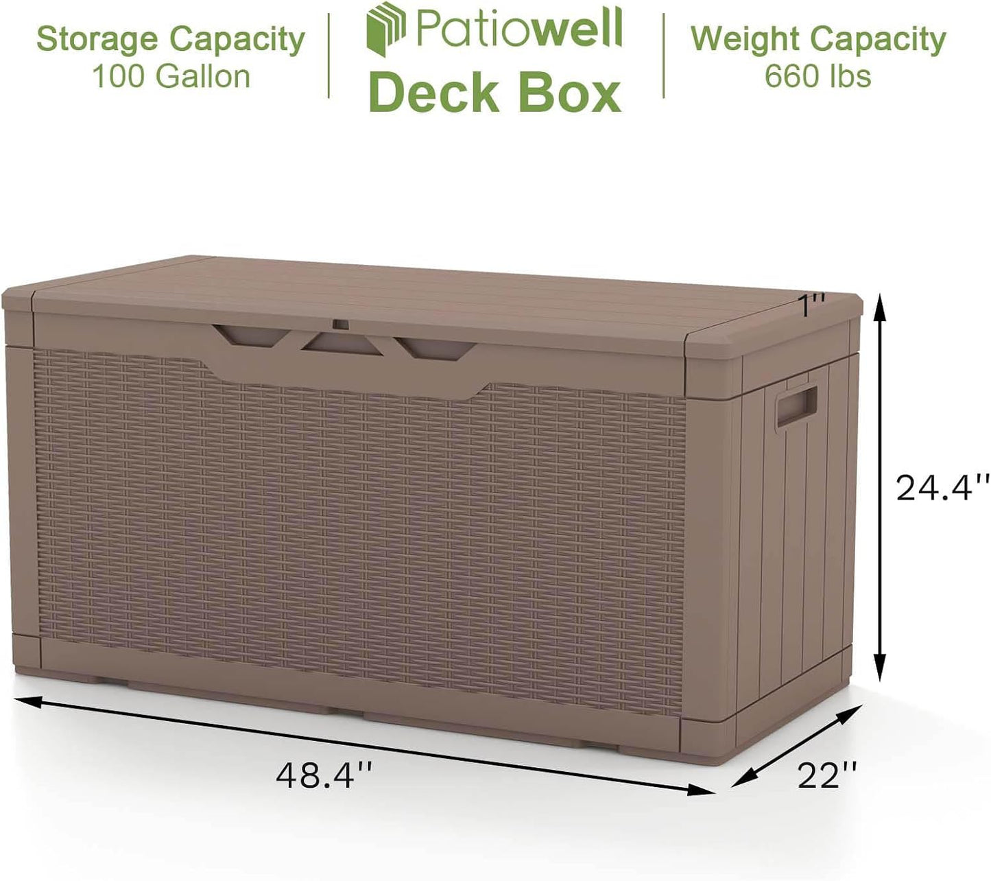 Patiowell 100 Gallon Resin Deck Box, Waterproof Large Outdoor Storage Box for Patio Furniture and Garden Tools, Black
