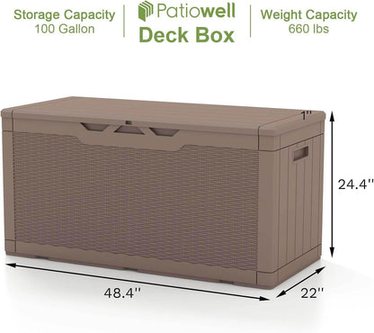 Patiowell 100 Gallon Resin Deck Box, Waterproof Large Outdoor Storage Box for Patio Furniture and Garden Tools, Black