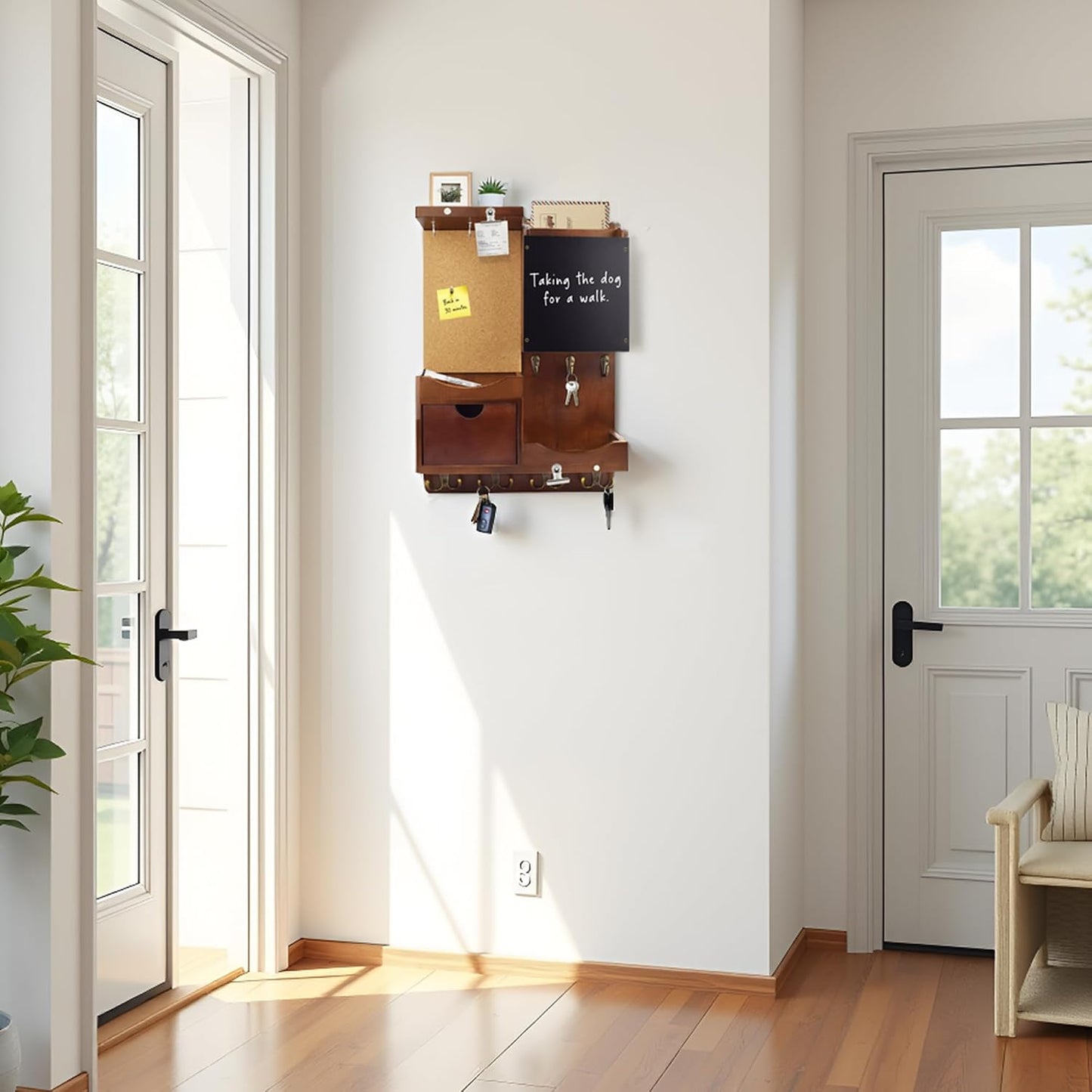 Key Holder for Wall Mount with Shelf and Mail Organizer, Key and Mail Holder with 16 Hooks, Farmhouse Entryway Organizer, Home Decor Rack (Pine Wood, Black)