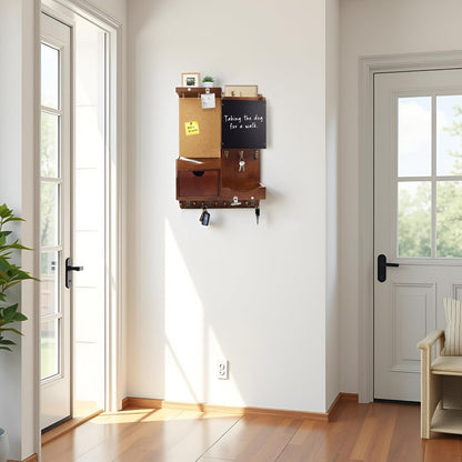 Key Holder for Wall Mount with Shelf and Mail Organizer, Key and Mail Holder with 16 Hooks, Farmhouse Entryway Organizer, Home Decor Rack (Pine Wood, Black)