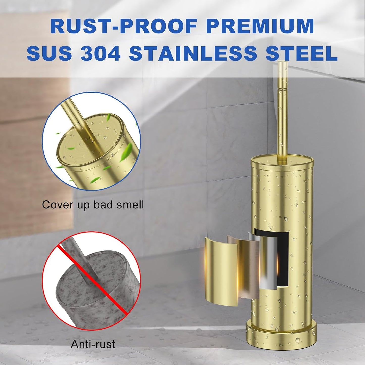 Brushed Nickel Toilet Brush and Holder Set, 304 Stainless Steel Toilet Brush for Bathroom, Heavy Duty Toilet Bowl Brush with Holder, Removable Inner Bowl and Splash Protection, Long Handle