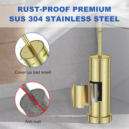Brushed Nickel Toilet Brush and Holder Set, 304 Stainless Steel Toilet Brush for Bathroom, Heavy Duty Toilet Bowl Brush with Holder, Removable Inner Bowl and Splash Protection, Long Handle