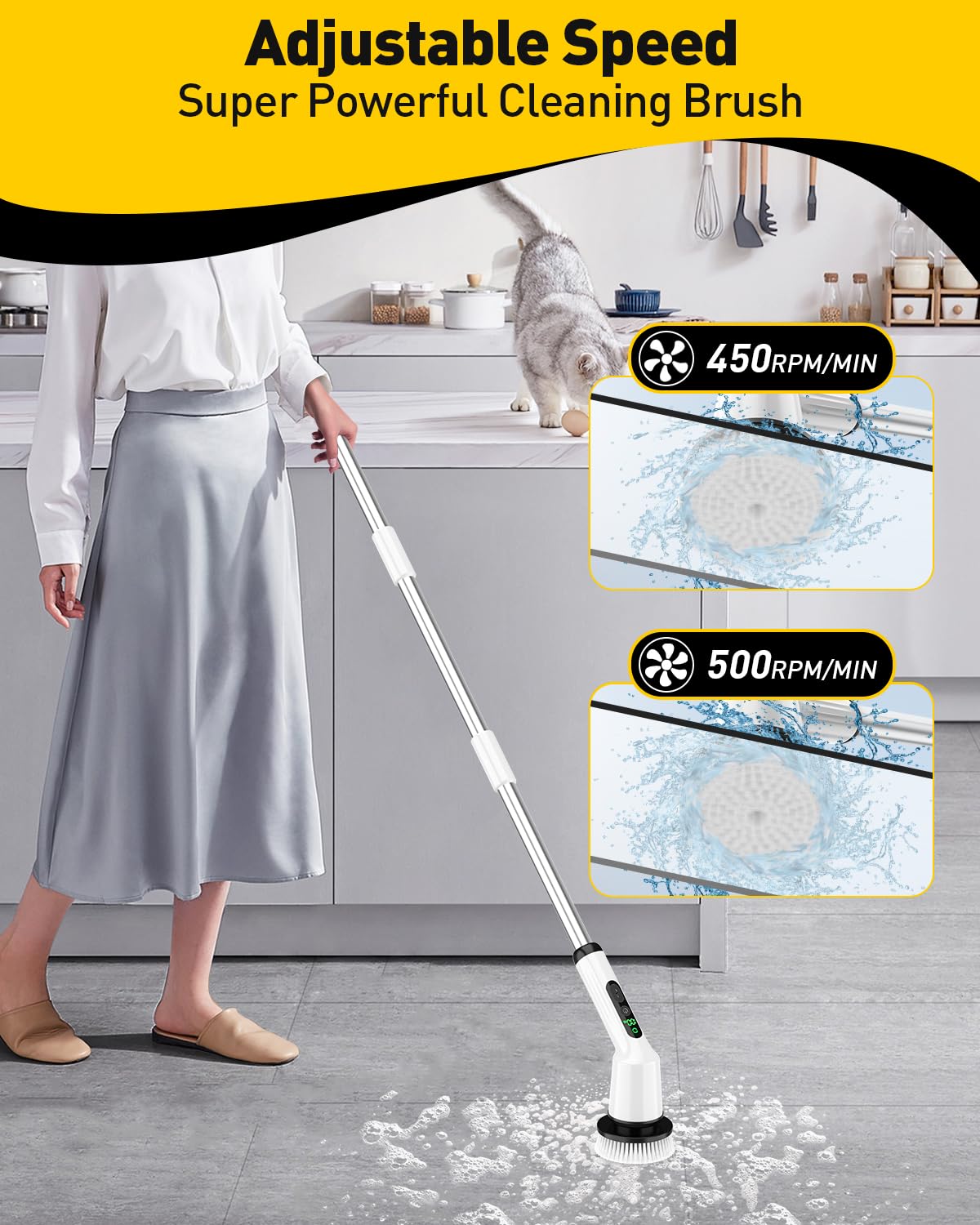 Shower Scrubber with Long Handle, Shower Cleaner Brush with 8 Floor Machine Pads, Cordless Electric Spin Scrubber for Cleaning with 2 Speed, Cleaning Supplies for Bathroom Bathtub Kitchen Floor Tile