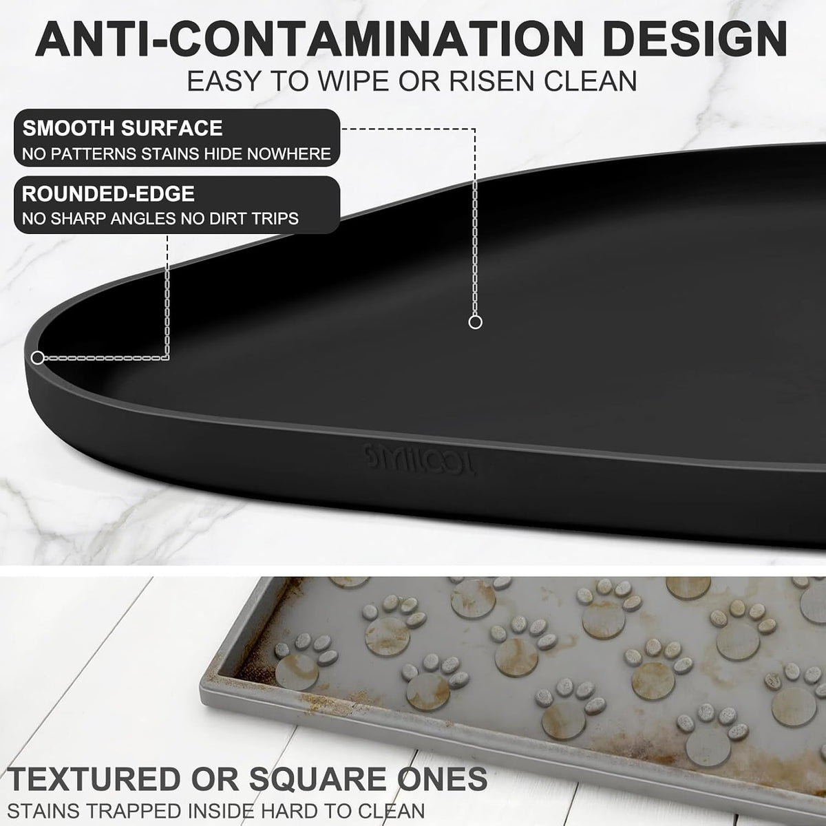 SMILOOL Silicone Pet Food Mat with Raised Edge for Food and Water Bowl, Dog Feeding Mats, Cat Food Trays for Floor Waterproof, Rubber Tray for Dogs and Cats, 19 x 12 x 0.7 Black