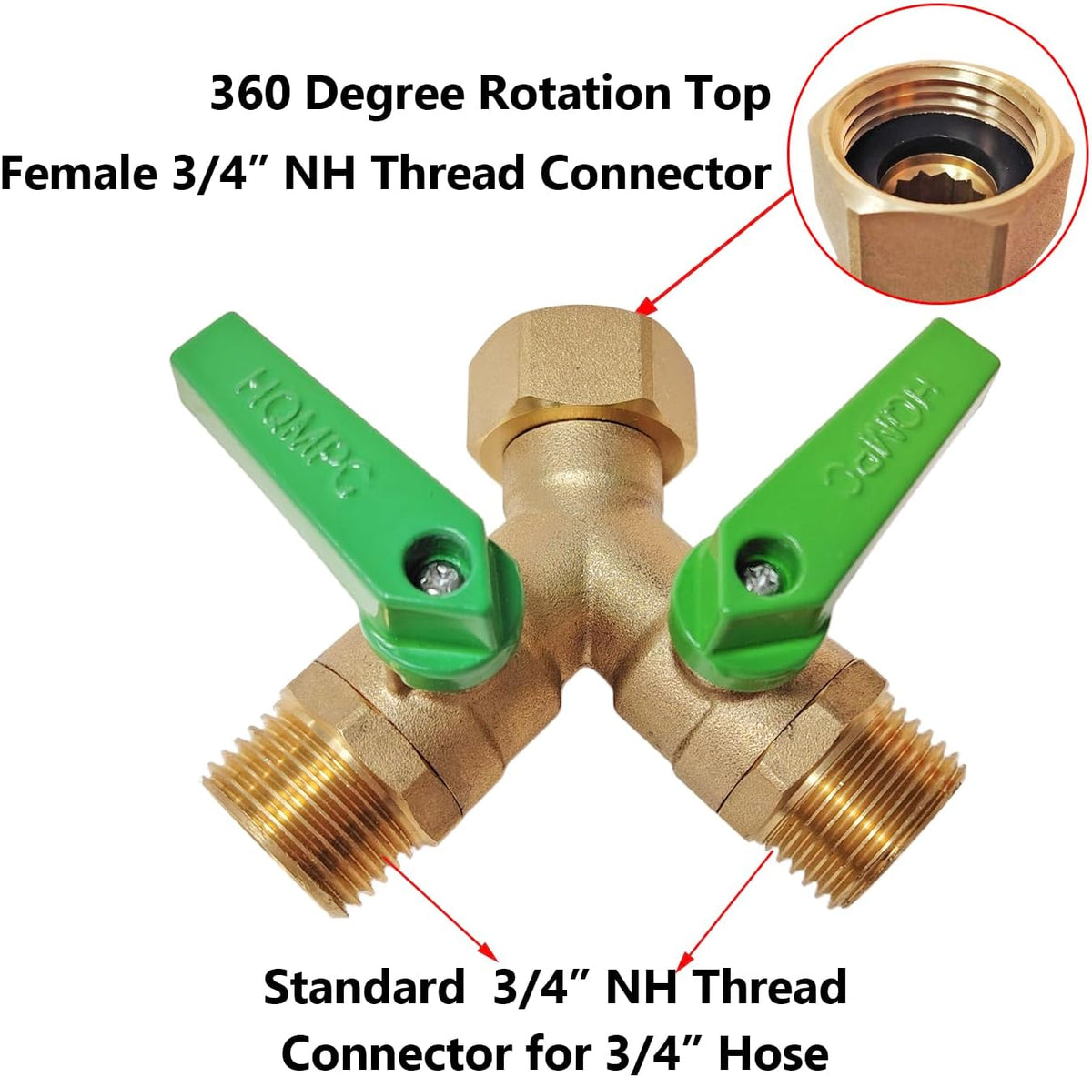 HQMPC Garden Hose Y Valve Splitter With Metal Long Handle Brass Hose Splitter Big Water Flow Hole- Spigot Splitter 2 way 3/4" GHT Thread