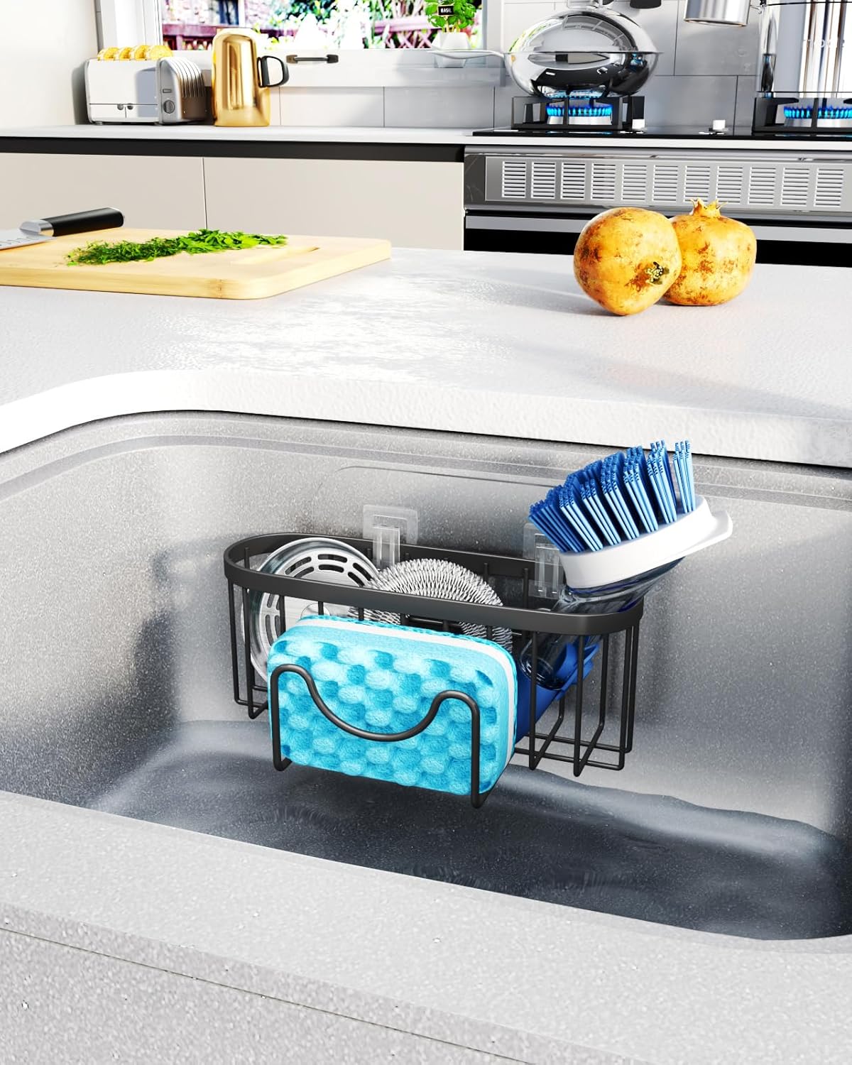 HapiRm Multifunctional Sponge Holder with Unique M-Shaped, 2 Installation Methods Kitchen Sink Caddy Organizer, Rustproof Stainless Steel Kitchen Organizers and Storage Essentials - Black
