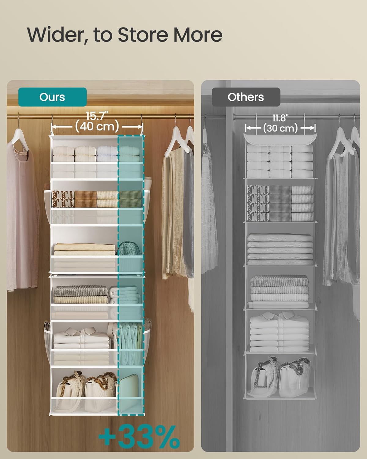SONGMICS Hanging Closet Organizer, 6-Tier Fabric Storage Shelf, Separable Closet Hanging Shelf with Side Pockets, Foldable, Metal Hooks and Bamboo Inserts, Dove Gray URCH007G01