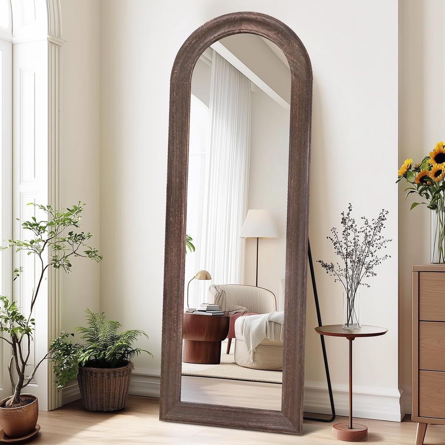 Solid Wood Full Length Mirror - 65"x22" Arched Floor Mirror, Free Standing & Wall Mounted - Elegant Design for Bedroom, Dressing Room, Hallway, Brown