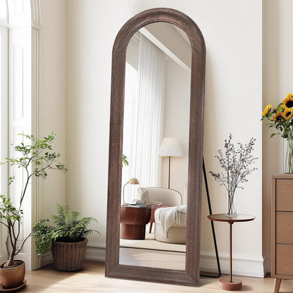 Solid Wood Full Length Mirror - 65"x22" Arched Floor Mirror, Free Standing & Wall Mounted - Elegant Design for Bedroom, Dressing Room, Hallway, Brown