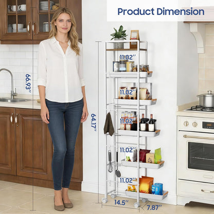 6 Tier Slim Storage Cart with Pull-Out Baskets Rolling Cart with Wheels Wood Top Narrow Utility Cart Metal Shelving Units for Pantry Laundry Room Bathroom Kitchen White 8in(W)