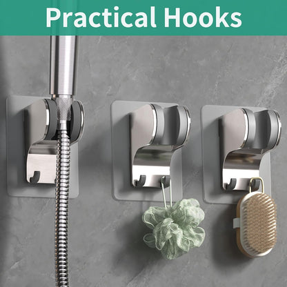 Hand Held Shower Head Holder Wall Mount, Shower Hose Holder Adhesive with 2 Hanger Hooks, Adjustable Shower Handle Holder, No Drilling Shower Wand Holder (‎Chrome, 1 Pack)