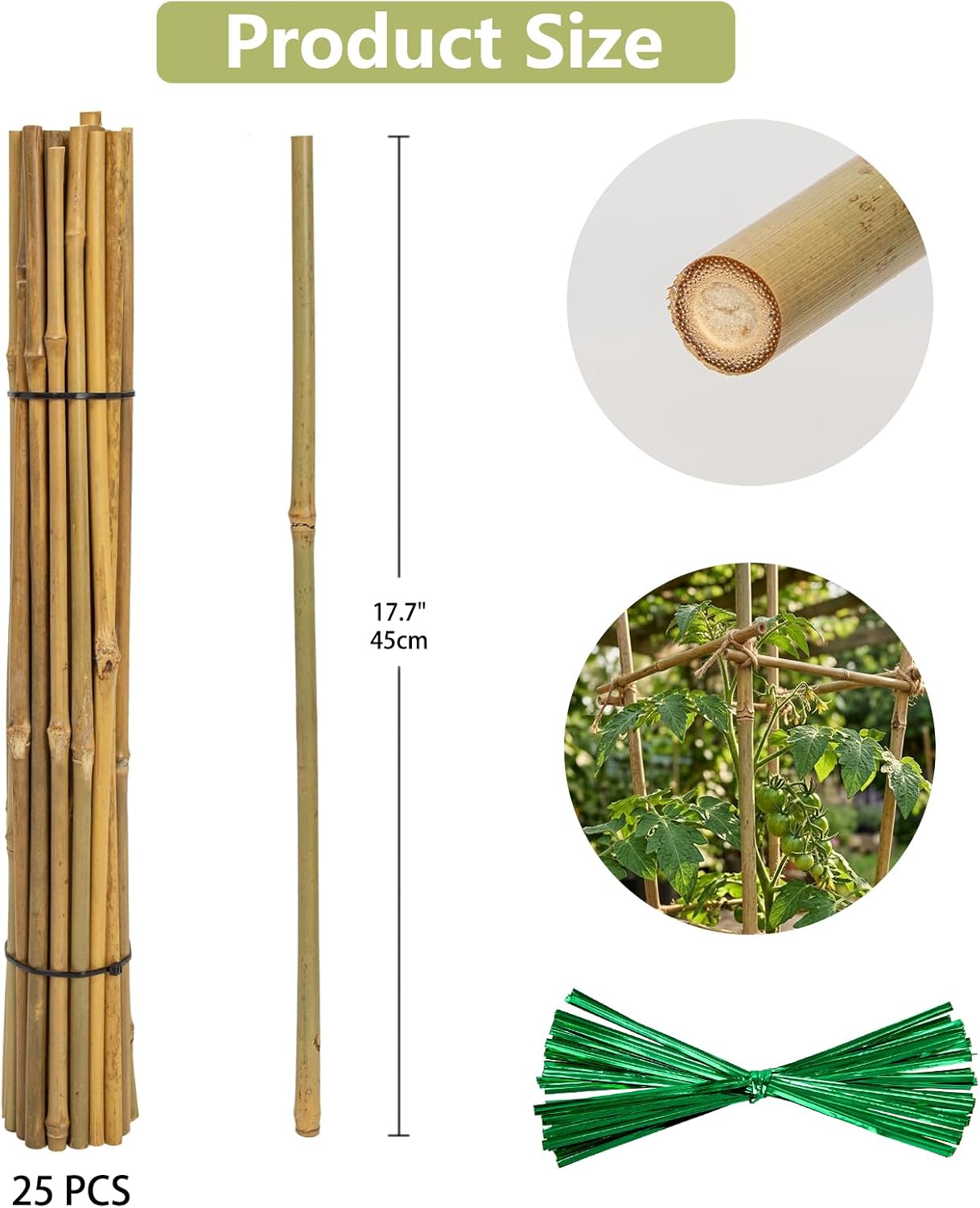 Plant Stakes Natural Bamboo Sticks - 30 Pcs Bamboo Garden Stakes for Plants 4.8 FT Plant Support Sticks with Twist Ties for Tomatoes Beans Flowers Indoor Outdoor Potted Climbing Plants