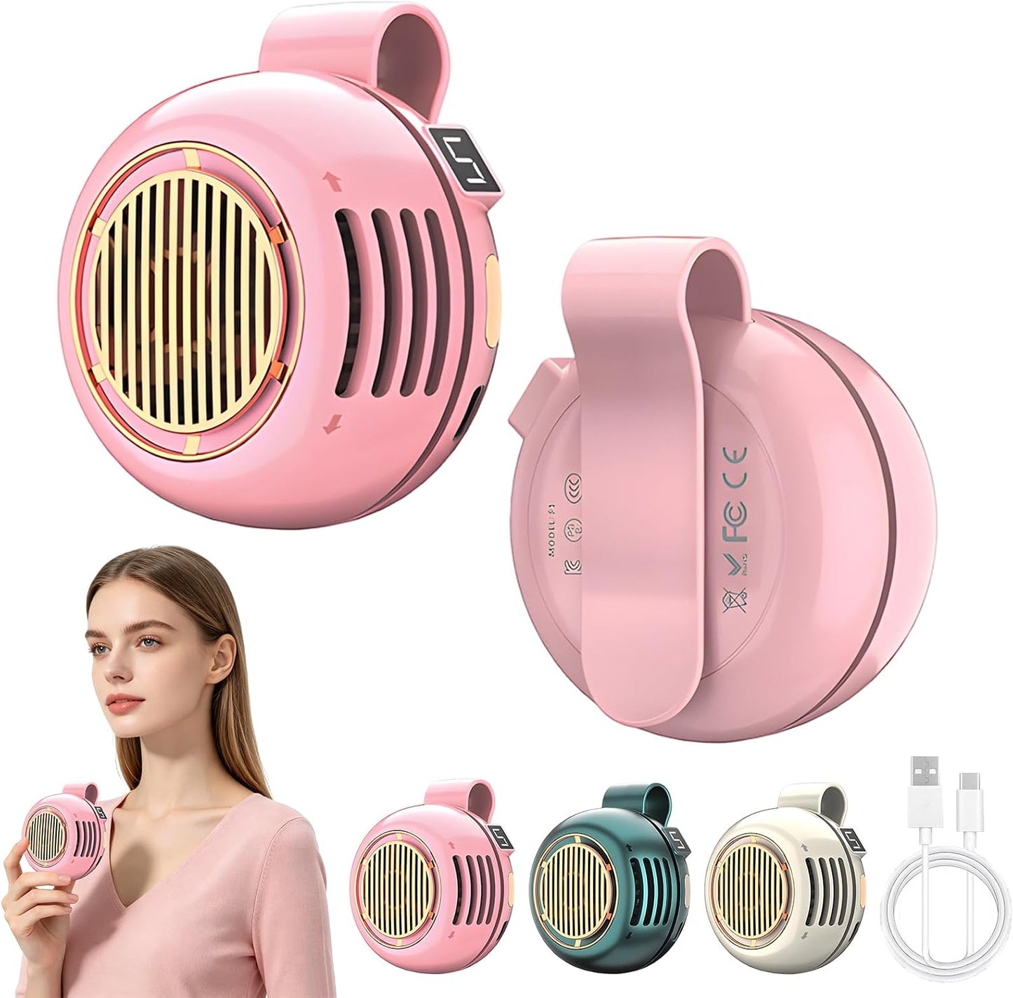 Portable Silent Mini Bladeless Fan Clip On, Small Fan Clip on for Shirt & Waist, 5-Speed Adjustable, Suspended Whirlwind Fan with HD Display Screen, For Outdoor Travel Office(Green)