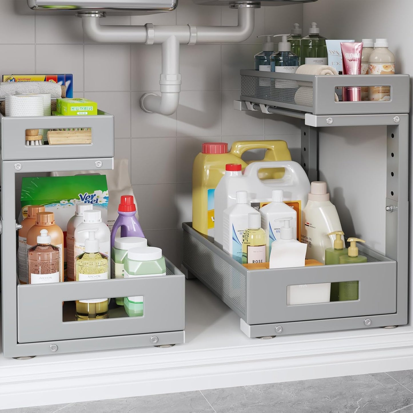 2-Pack Under Sink Storage Organizer, Large 2-Tier Elegant Mesh Pull Out Shelf for Kitchen and Bathroom Cabinet Organization, L-Shaped and Adjustable Height Design,Patent Pending-Black