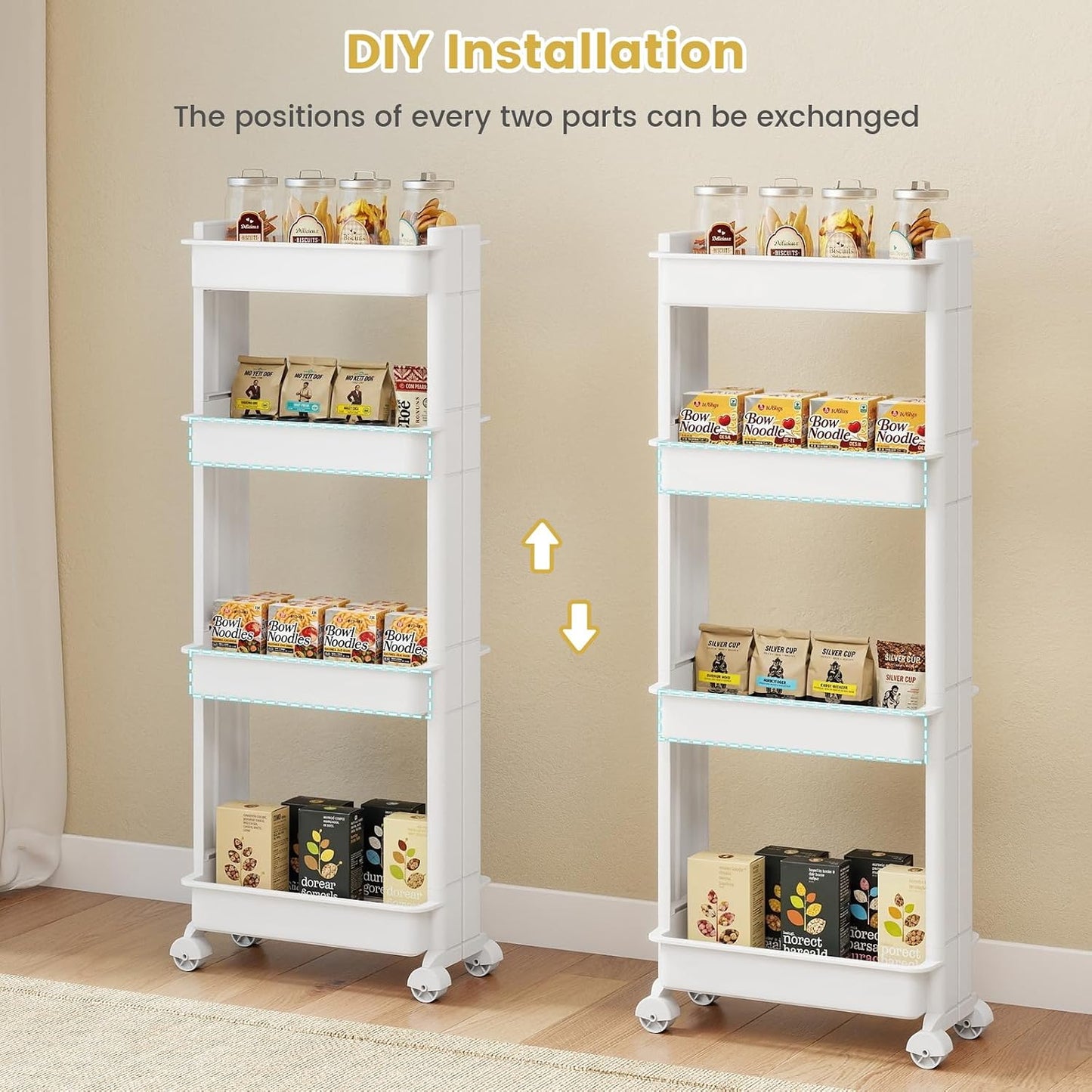 GOFLAME 4-Tier Rolling Utility Cart, Multifunctional Slim Storage Trolley with Detachable Trays and Wheels, Mobile Shelving Unit Organizer for Kitchen, Living Room and Bathroom (20” × 5” × 40”)
