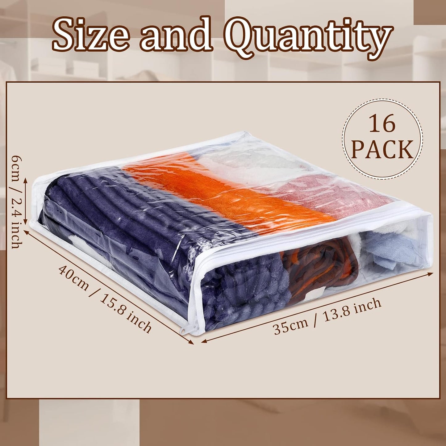Kingdder 16 Pcs Clear Zippered Storage Bags Plastic Sweater Bags with Zipper 10 x 10 x 2.5 Inch Vinyl Sheet Organizer and Storage for Clothing Blankets Sheet Linen Bed Pillow Cube Organizer