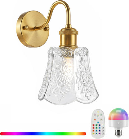YUNICE Rechargeable Wall Sconces Set of 2 Battery Operated Wall Sconce with Remote Control Dimmable Cordless Wall Lamp with Amber Glass Lampshade Antique Brass Wall Lights for Bedroom Living Room