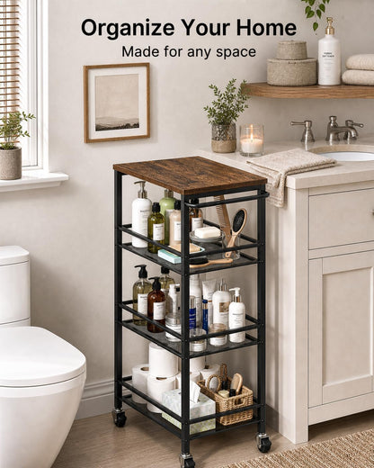 Pipishell Slim Storage Cart with Wheels - 4 Tier Rolling Kitchen Storage Cart with Handle and Wood Top, Metal Slim Bathroom Cart for Laundry Room, Bathroom, Kitchen, Narrow Space, Black & Rustic Brown