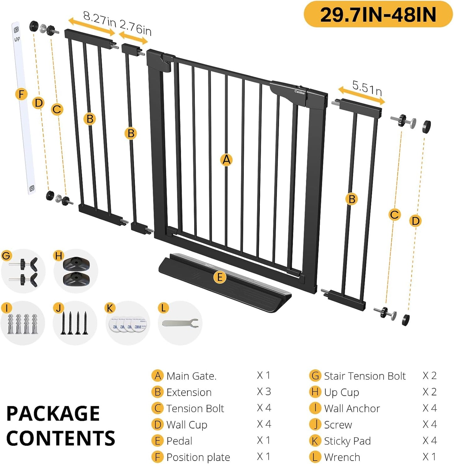 Cumbor 29.7-48" Baby Gate for Stairs, Mom's Choice Awards Winner-Dog Gate for Doorways, Auto Close Safety Pet Gate for Dogs Indoor, Easy Install Pressure Mounted Child Gate with Walk Thru Door, Brown