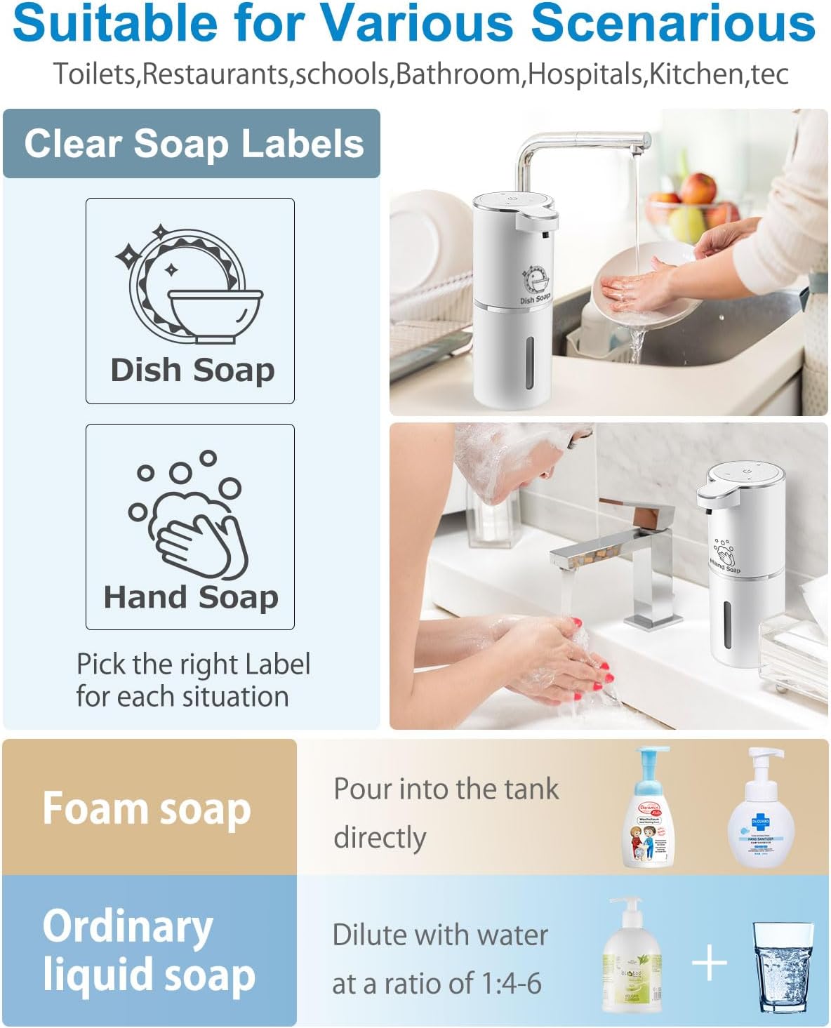 Automatic Foaming Soap Dispenser,4-Level Adjustable Foam, Wall Mount, USB Rechargeable,12.8oz/ 380ml,Touchless Hand & Dish Soap Dispenser for Bathroom, Kitchen,Hotel, Restaurant