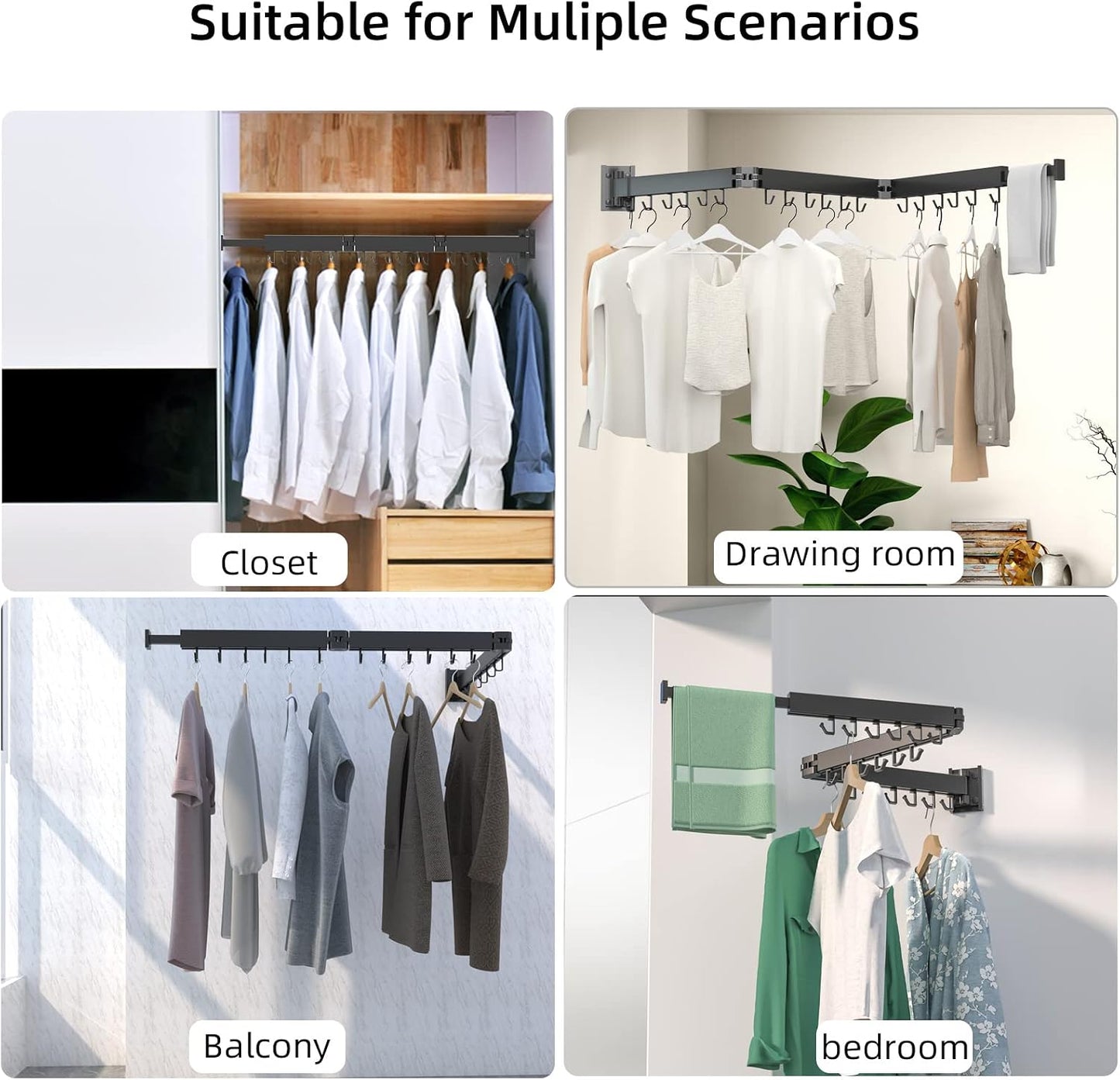Kelisiting Clothes Drying Rack, Wall Mounted Laundry Drying Rack, Upgrade 3-Fold Foldable Collapsible Retractable Clothing Drying Rack with 12 Dual Hooks Organization for Laundry Room Indoor- Black