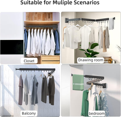 Kelisiting Clothes Drying Rack, Wall Mounted Laundry Drying Rack, Upgrade 3-Fold Foldable Collapsible Retractable Clothing Drying Rack with 12 Dual Hooks Organization for Laundry Room Indoor- Black