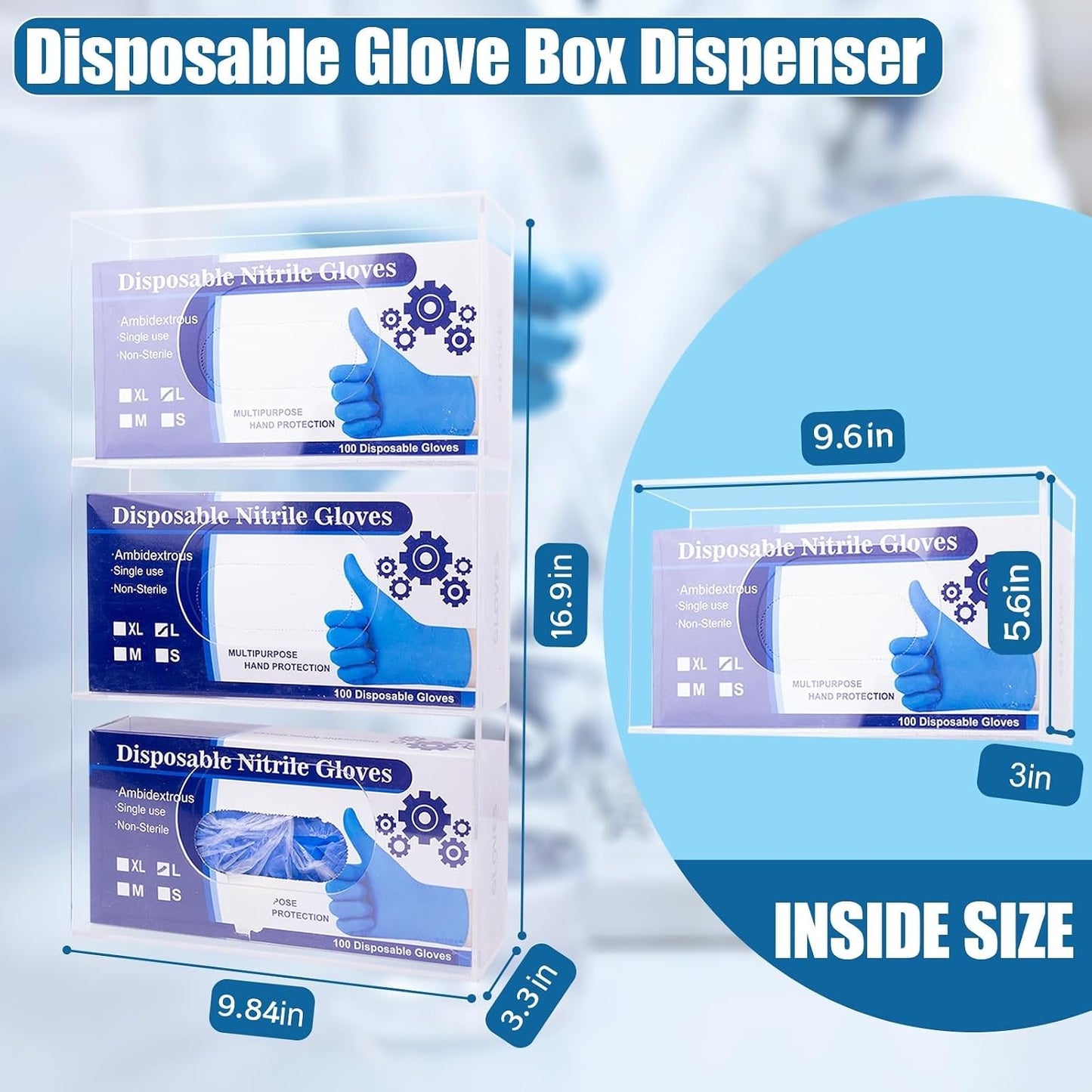 Wall-Mounted Acrylic Glove Box Dispenser Holder,3 Cartons Capacity,Glove & Facial Tissue Wire Rack for Kitchen,Healthcare,Hospital,Etc(3’’Internal width suitable for Small to Medium-Sized Glove Boxes)