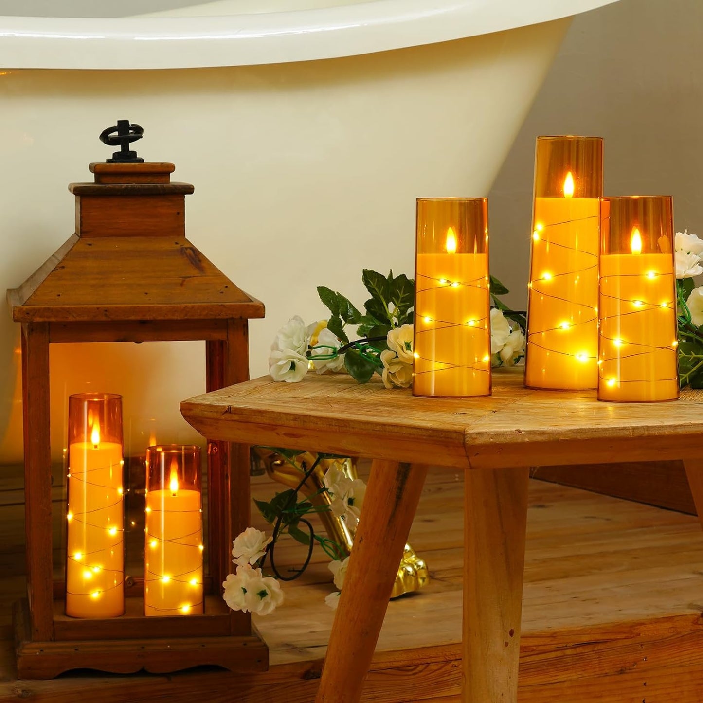 Raycare Flameless Candle with Remote Timer, 3 Flickering Acrylic Battery Operated LED Pillar Candles with Embedded Star String for Christmas, Wedding, Home Table Decor, and as a Gift (Ivory White)