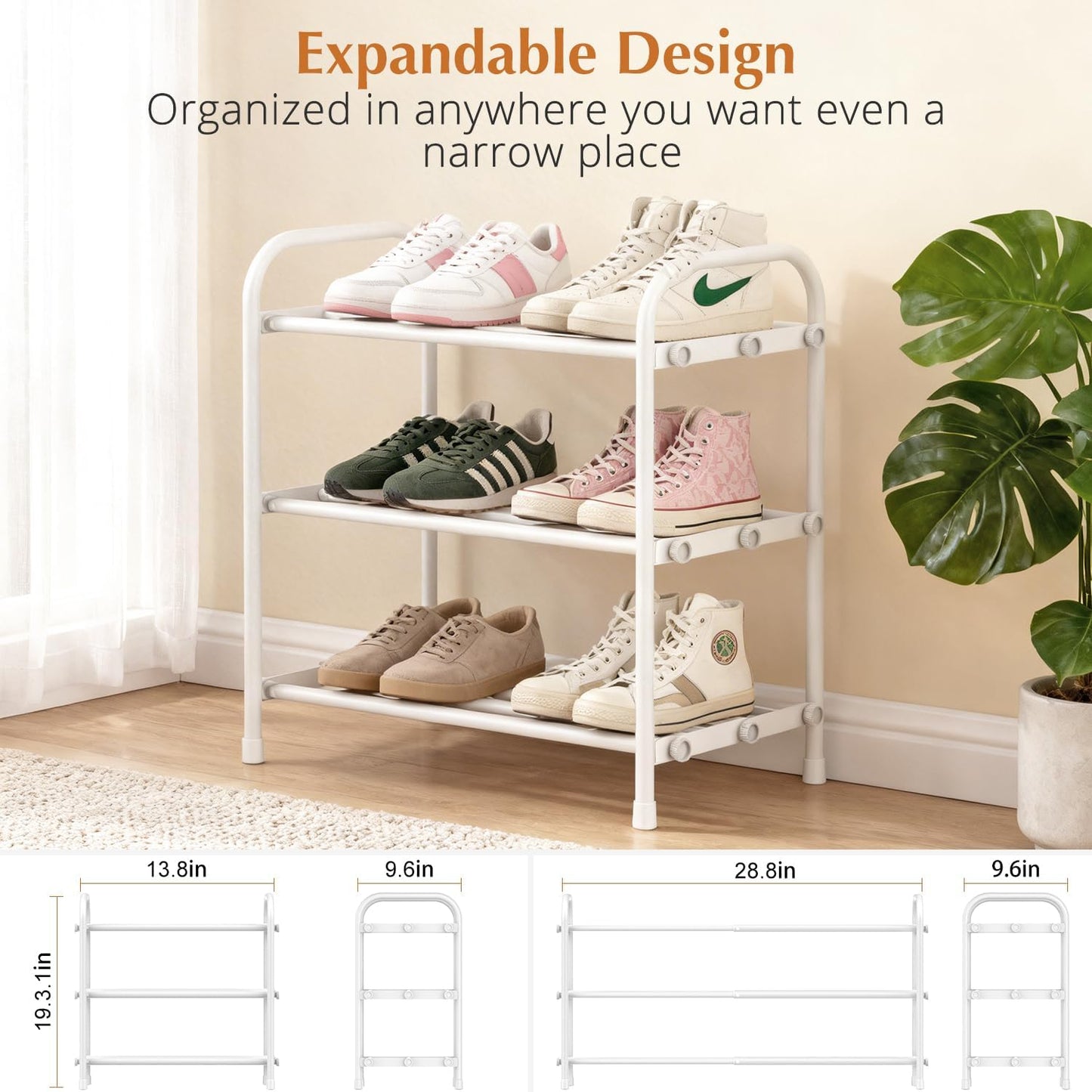 INSMART 3-Tier Expandable Shoe Rack, Stackable and Adjustable Shoes Organizer Storage Shelf, Sturdy and Durable Metal Structure Free Standing Shoe Rack for Closet Entryway Doorway