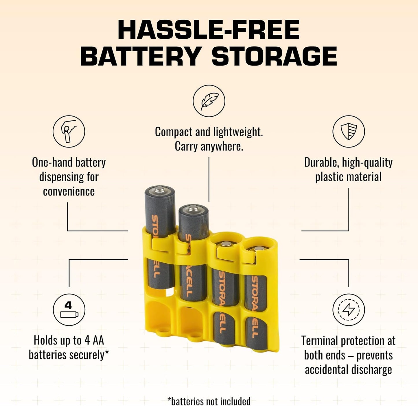 AA Battery Storage Caddy by Storacell, Black, Holds 4 Batteries (Not included)