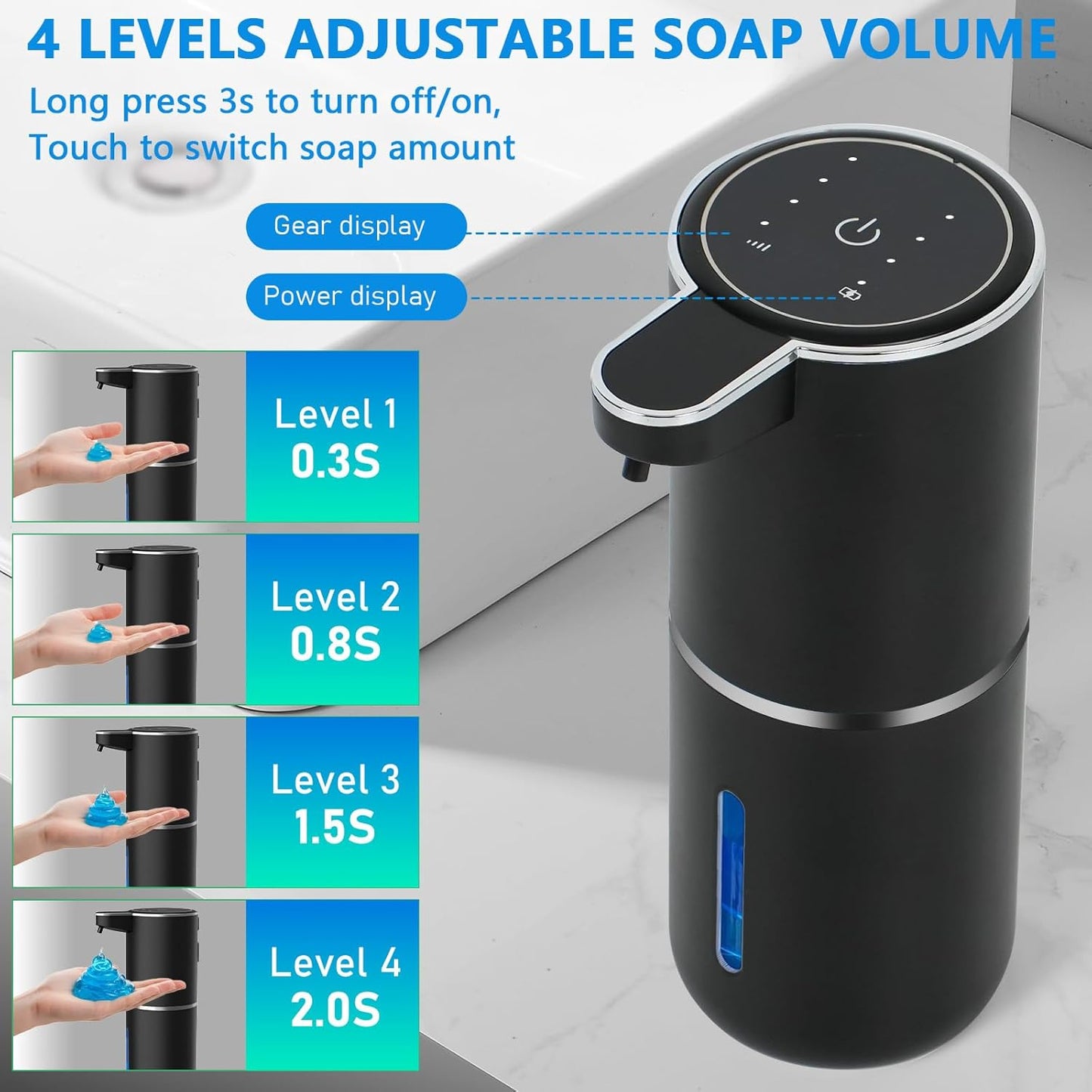 Automatic Soap Dispenser Touchless, USB Rechargeable Automatic Foaming Soap Dispenser, 12.8oz/380mL, 4 Level Adjustable, 1500mAh Smart Wall Mounted for Bathroom Kitchen Dish/Hand Soap