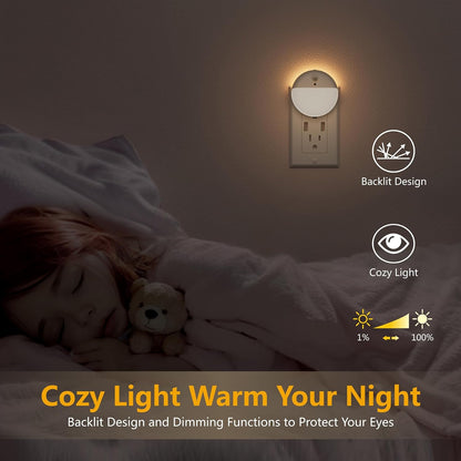 YUNLEX 2 Pack Plug in Night Light with Motion Sensor and Dusk to Dawn Sensor, Stepless Dimming, Warm White LED Nightlight with 3 Lighting Ways for Bathroom, Bedroom, Kitchen, for Kids, Adults