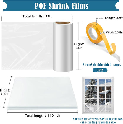 Window Insulation Kit, 63 × 394 Inch Plastic Window Coverings for Winter, Thicken Window Shrink Film Insulator Kit Windows Waterproof Winterizing with 5 Double-Sided Tape for 10 Pcs 3 x 5 Ft Windows