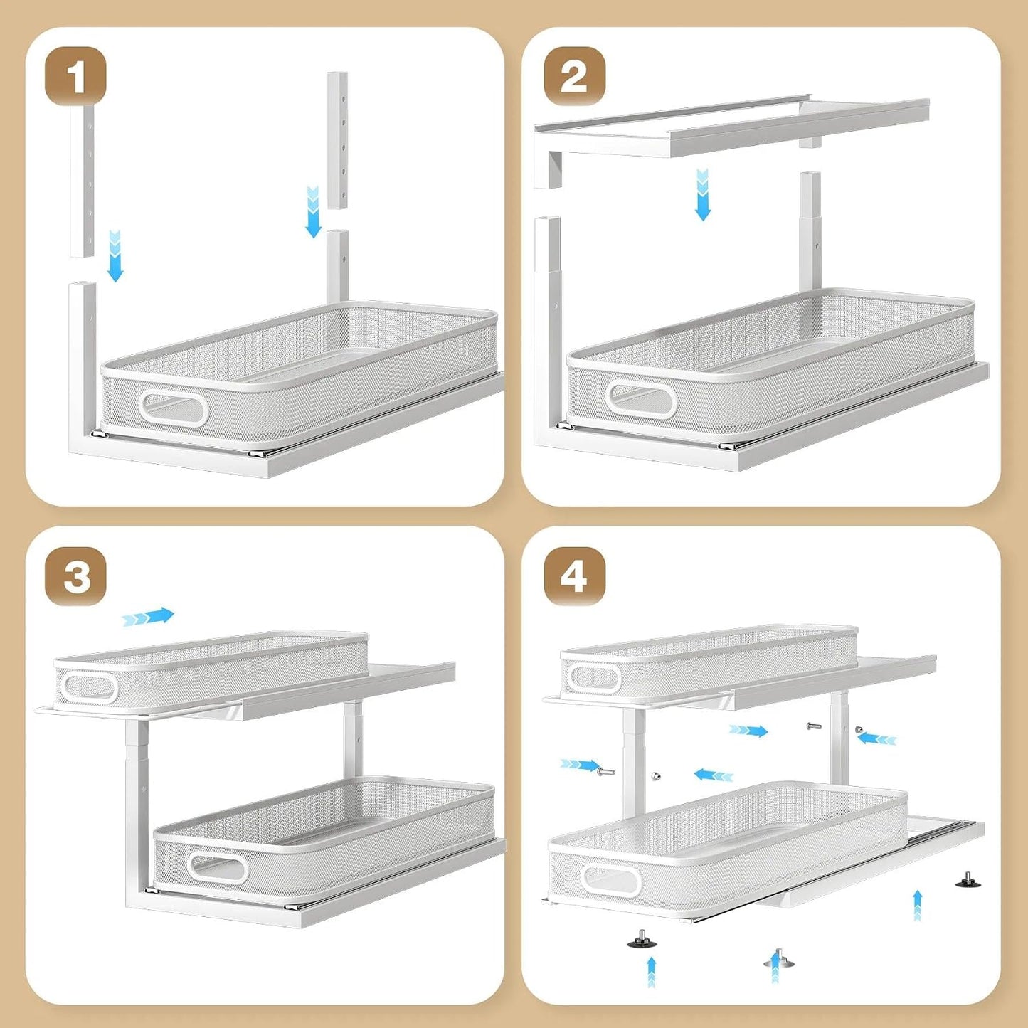 2-Pack Under Sink Storage Organizer with 2-Tier Slide Out Drawer, Sophisticated Mesh Pull Out Shelf for Kitchen & Bathroom, Fits Small Items, Upgraded Arched Track for Smooth Gliding(Patented)