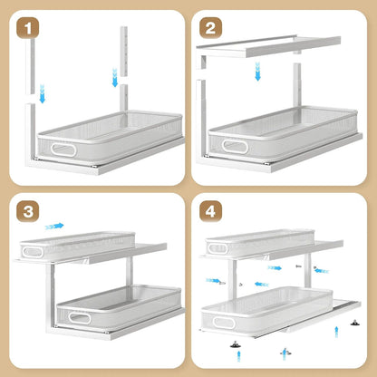 2-Pack Under Sink Storage Organizer with 2-Tier Slide Out Drawer, Sophisticated Mesh Pull Out Shelf for Kitchen & Bathroom, Fits Small Items, Upgraded Arched Track for Smooth Gliding(Patented)