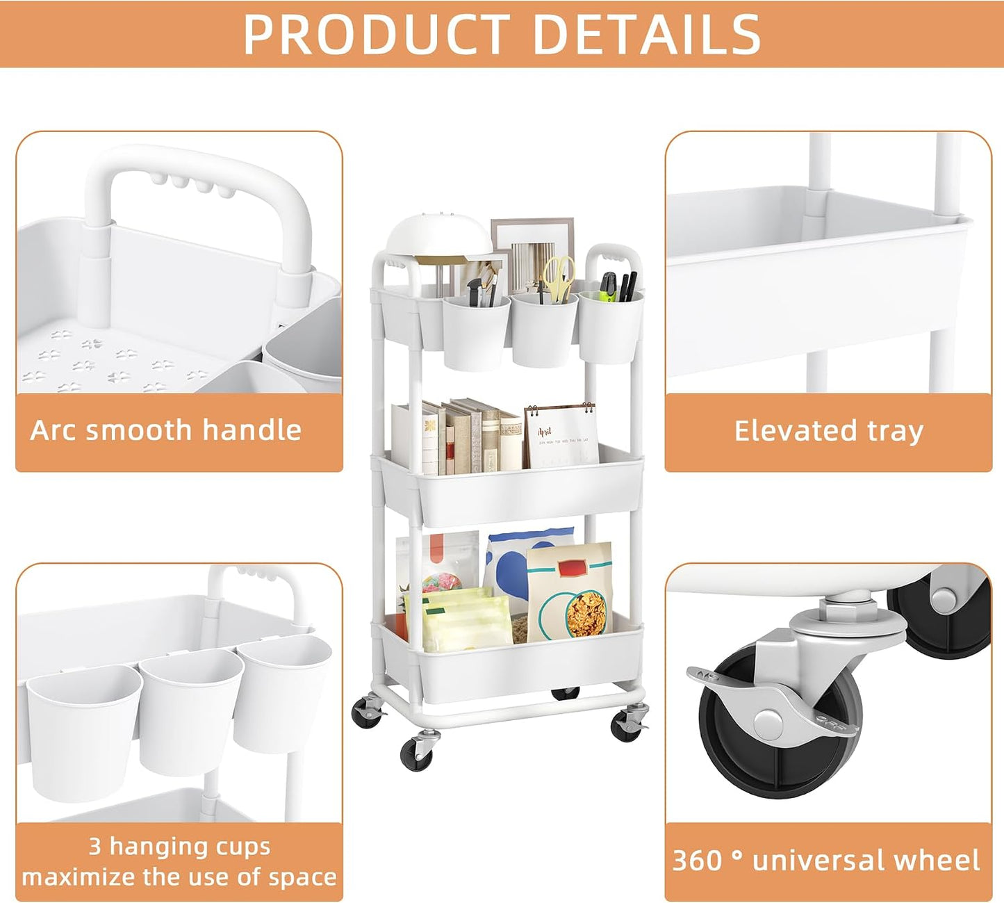 JIUYOTREE 4-Tier Plastic Rolling Storage Cart Utility Cart with Extra Hanging Cups Handles Lockable Wheels for Living Room Bathroom Kitchen Office White