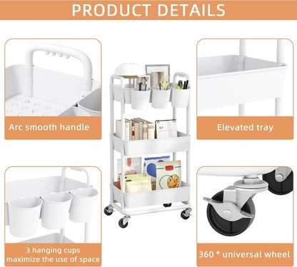 JIUYOTREE 4-Tier Plastic Rolling Storage Cart Utility Cart with Extra Hanging Cups Handles Lockable Wheels for Living Room Bathroom Kitchen Office White