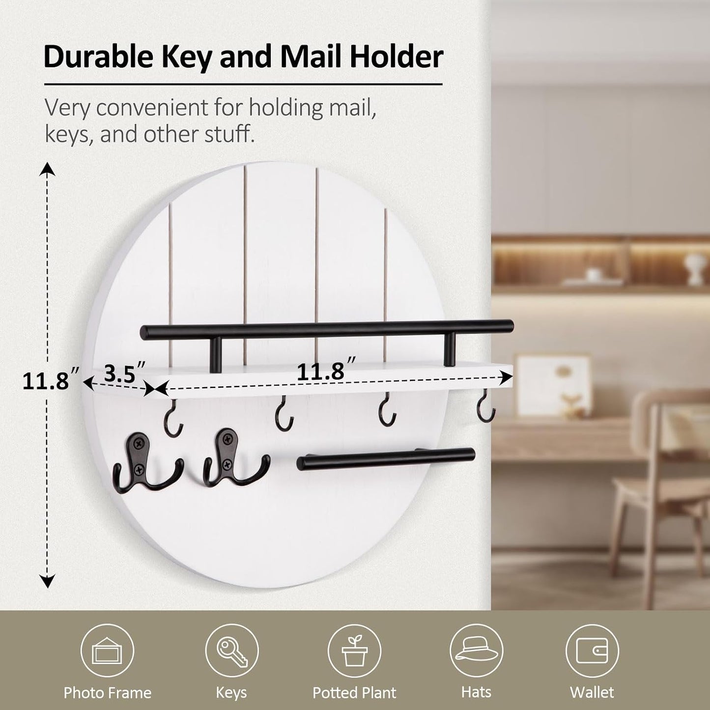Nekon Key Holder Wall Mount, 11.8 Inch Rack With Shelf and 6 Hooks, Rustic Mail Organizer, Circular Wooden Hanger for Entryway Hallway Kitchen (Brown&Gold)