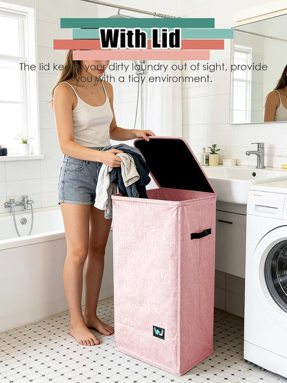 WTREE Laundry Hamper with Lid, Reinforced Sturdy Clothes Hamper with Anti-Puncture Base, Large Collapsible Laundry Basket with Removable Liner Bag, Tall Dirty Clothes Bin for Family, 100L Grey