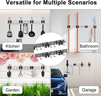 Broom Holder Wall Mount, Stainless Steel Mop Hanger with 4 Slots 6 Hooks, Tool Storage Wall Organizer for Kitchen Garden Garage Laundry Room Bathroom and RV, Black 1-Pack