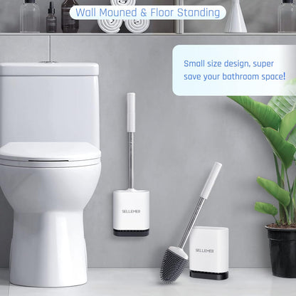 Sellemer Toilet Brush and Holder Set - Flexible Toilet Bowl Brush Head with Silicone Bristles, Compact Size for Storage and Organization, Ventilation Slots Base (1 Pack, Silver)