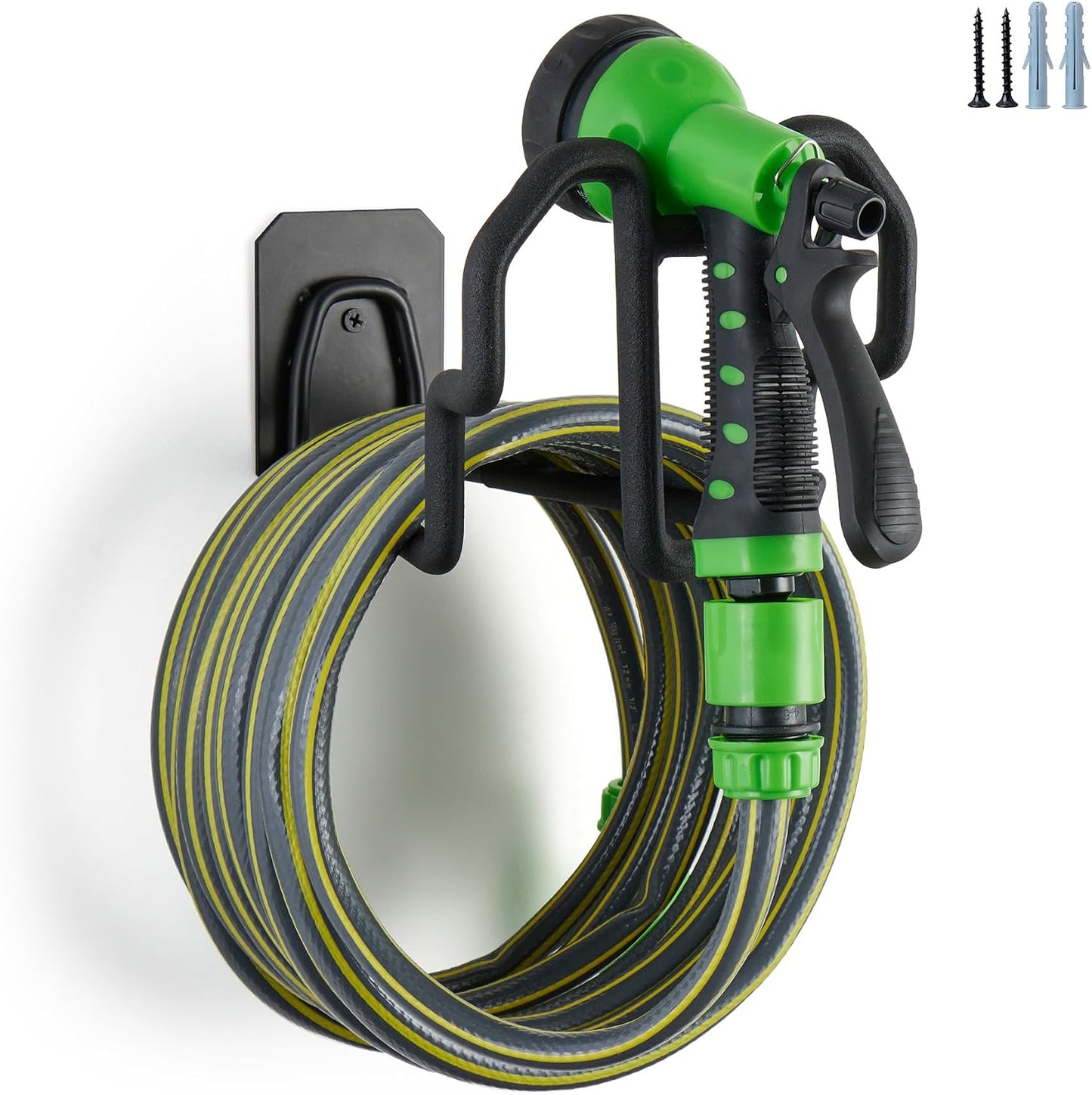 Heavy Duty Garden Hose Holder Wall Mount - Gloss Black Rust-Resistant Metal Hanger with Nozzle Slot, PVC Coated for Indoor/Outdoor Use
