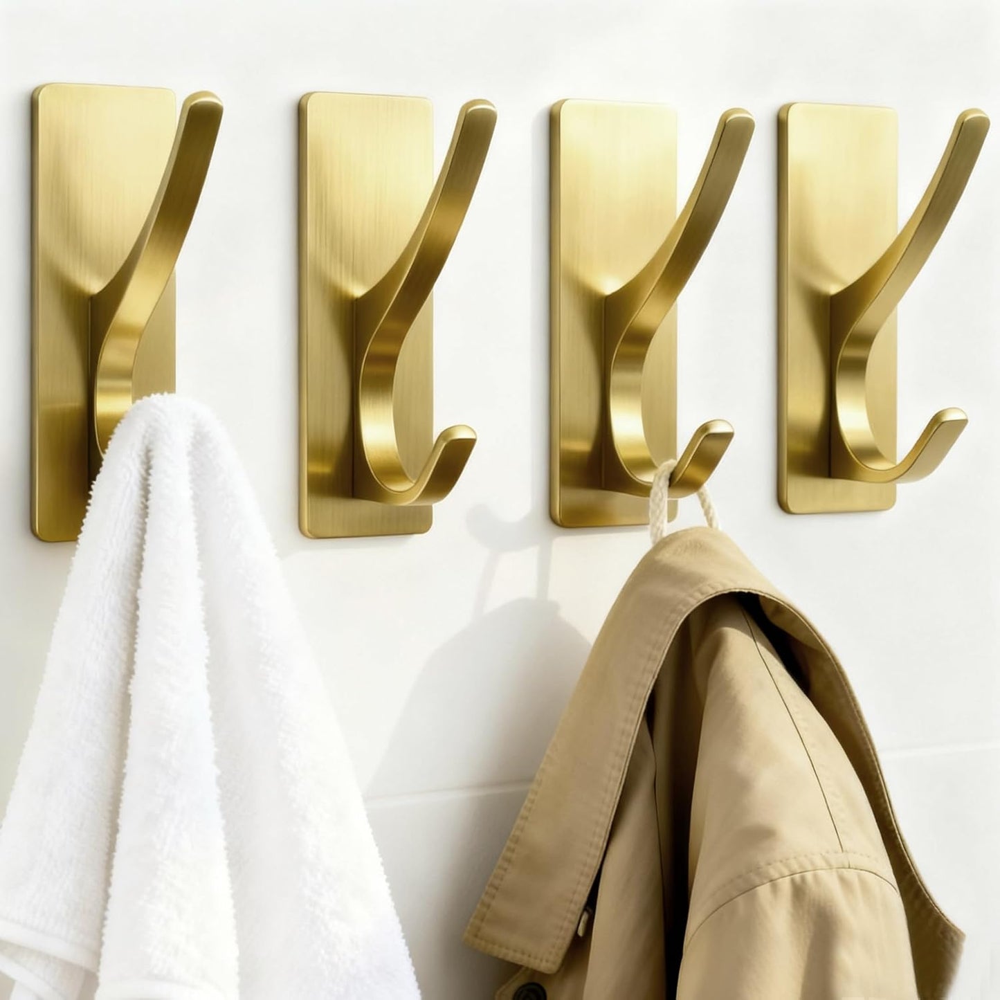 pickpiff White Self Adhesive Coat Hooks for Hanging: 13LB Extra Strong Stainless Wall Hook for Towel, Utensil, Backpack, Hat, Sturdy Metal Hanger for Bathroom, Kitchen, Door, 4-Pack