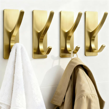 pickpiff White Self Adhesive Coat Hooks for Hanging: 13LB Extra Strong Stainless Wall Hook for Towel, Utensil, Backpack, Hat, Sturdy Metal Hanger for Bathroom, Kitchen, Door, 4-Pack