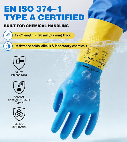 AnTools 2 Pairs Neoprene and Rubber Blend Heavy-Duty Chemical Gloves, Protective industrial gloves for Resist Acid, Alkali, Hazmat, cleaning, dishwashing, X-Large