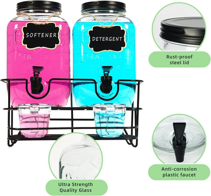 Roetell 2 Sets 1 Gallon Laundry Detergent Dispenser with Stand, Measuring Cup, Glass Laundry Detergent Containr for Laundry Room Organization